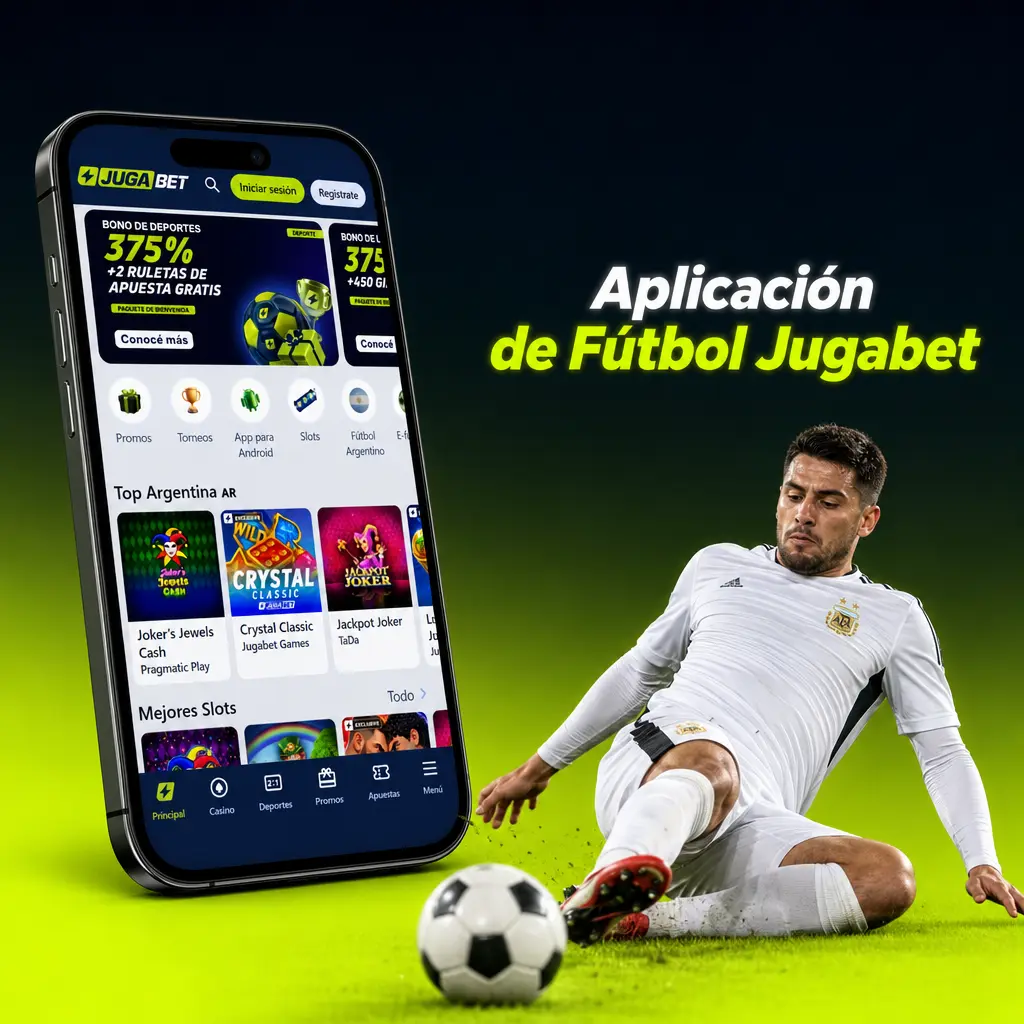 Aplicación web progresiva de Jugabet para apostar en fútbol desde Android e iOS con el mismo catálogo que la versión de escritorio.
