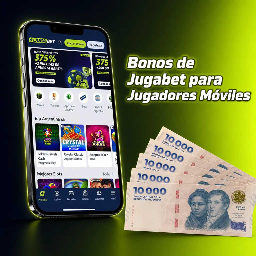 Bono de bienvenida Jugabet app Argentina: 375% hasta ARS 300.000 en deportes o casino con free bets y free spins
