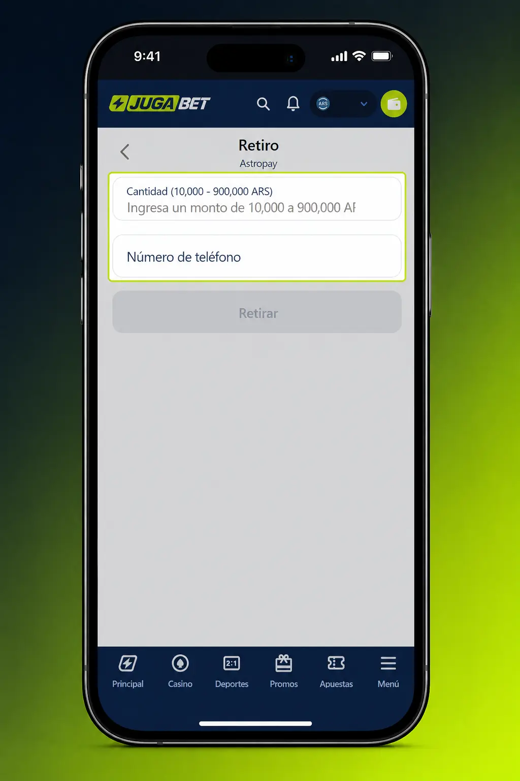 Pasos para retirar dinero en Jugabet: ingresá a "Caja", elegí método de pago y confirmá el monto a retirar.