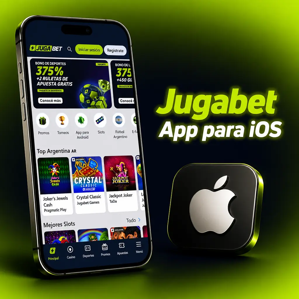 Captura de la app Jugabet para iOS con apuestas deportivas en vivo y juegos de casino en iPhone
